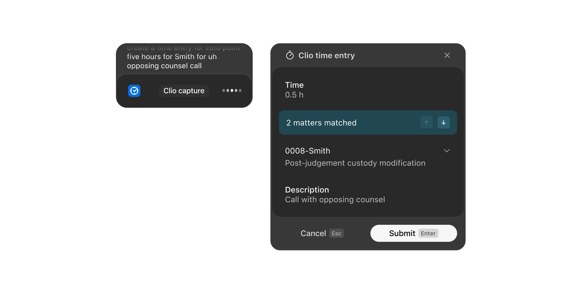 Prelto creating a Clio time entry from spoken instructions