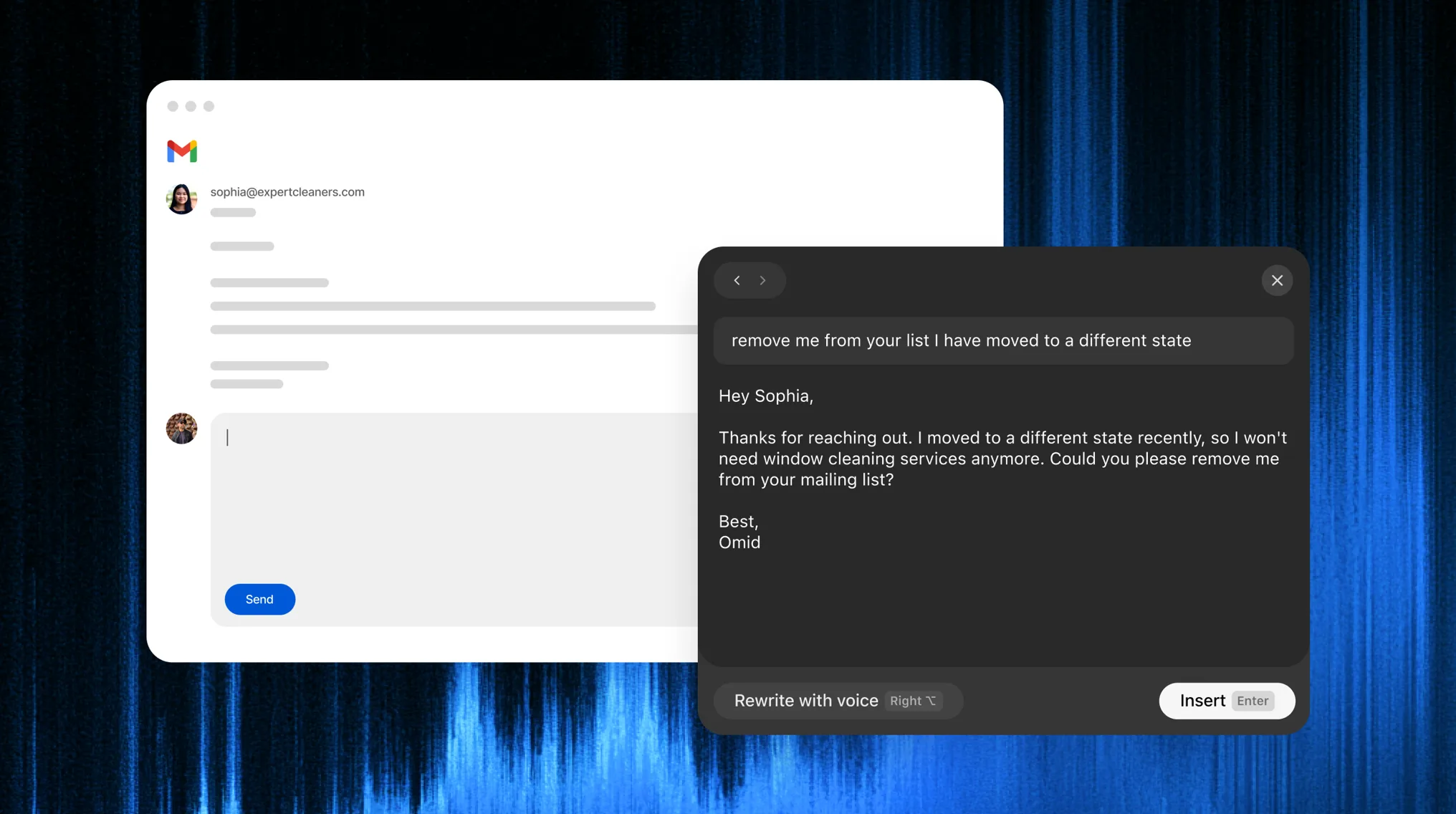 Prelto rewriting a Gmail reply from a short voice instruction