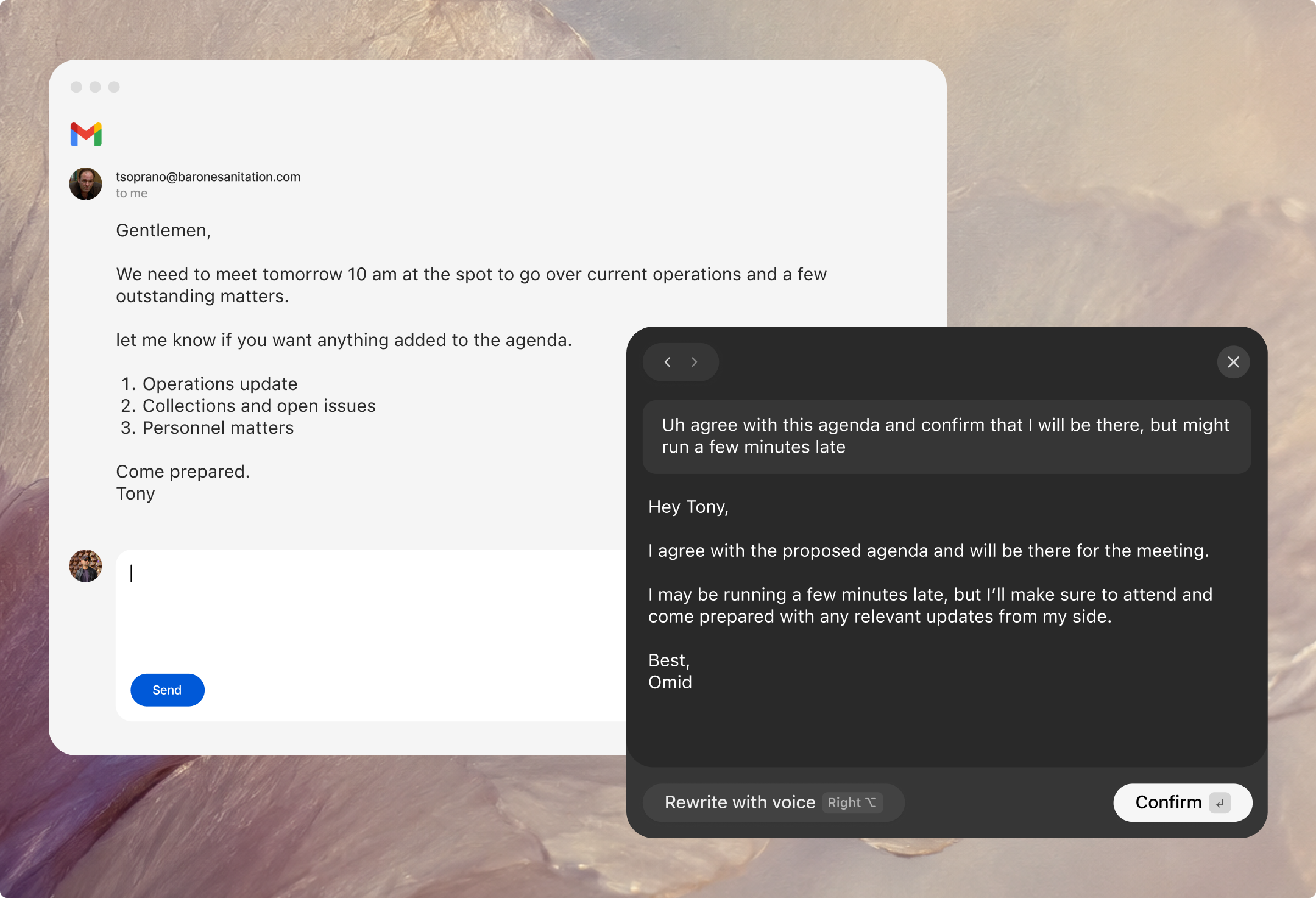 Prelto rewriting a Gmail reply from a short voice instruction